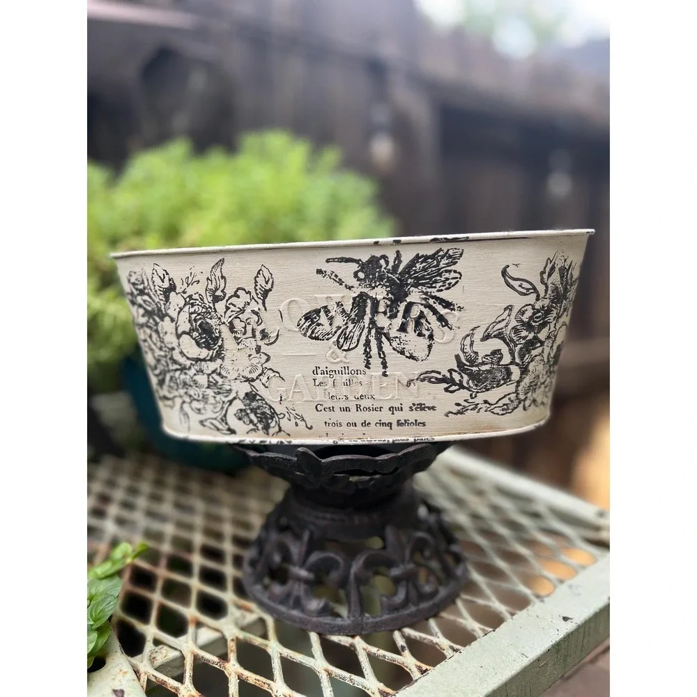 French country tin/ garden pot/ rustic stamped / rose toile